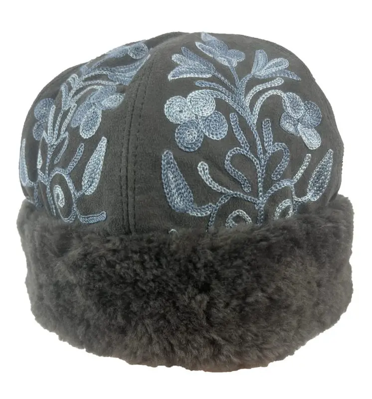 Handmade Suede Grey and Blue Embroidered Hat