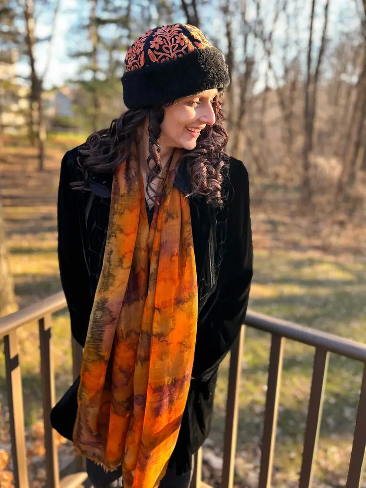 Handcrafted Black and Tangerine Suede Embroidered Hat