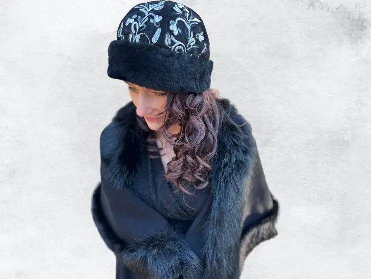 Handcrafted Black and White Suede Embroidered Hat
