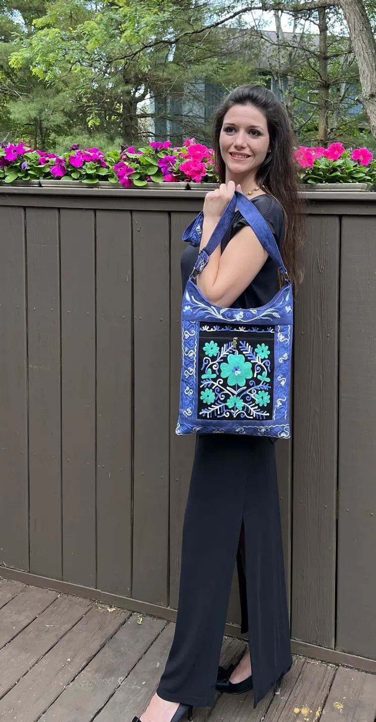 Handmade Black And Blue Suede Embroidered Llama Bag