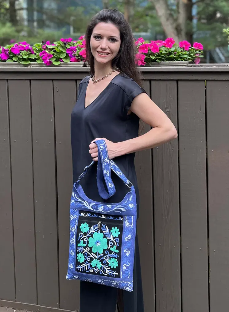 Handmade Black And Blue Suede Embroidered Llama Bag