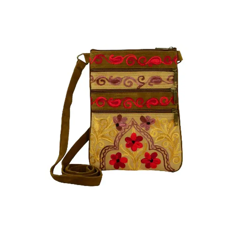 Beige And Red Suede Embroidered Cross-Body Bag