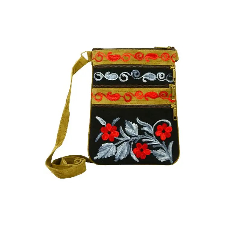 Black And Grey Suede Embroidered Cross-Body Bag