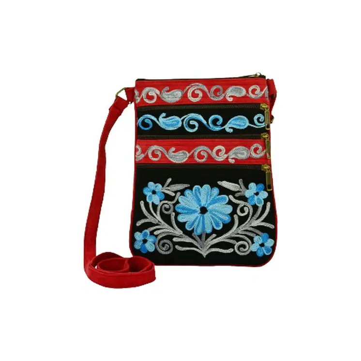 Suede Embroidered Red And Blue Five Zipper Cross-Body Bag