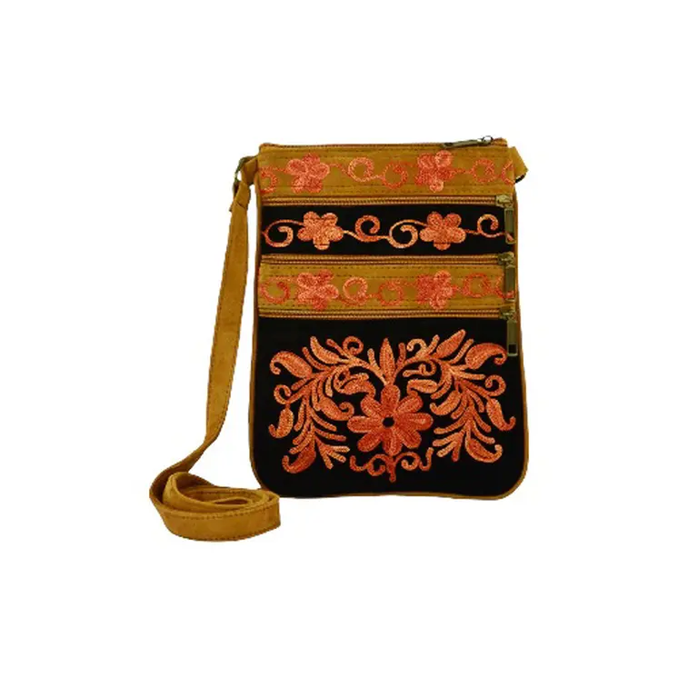 Suede Embroidered Peach and Black Five Zipper Cross Body Bag