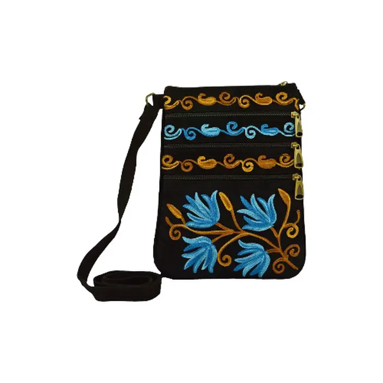 Blue And Black Suede Embroidered Cross-Body Bag