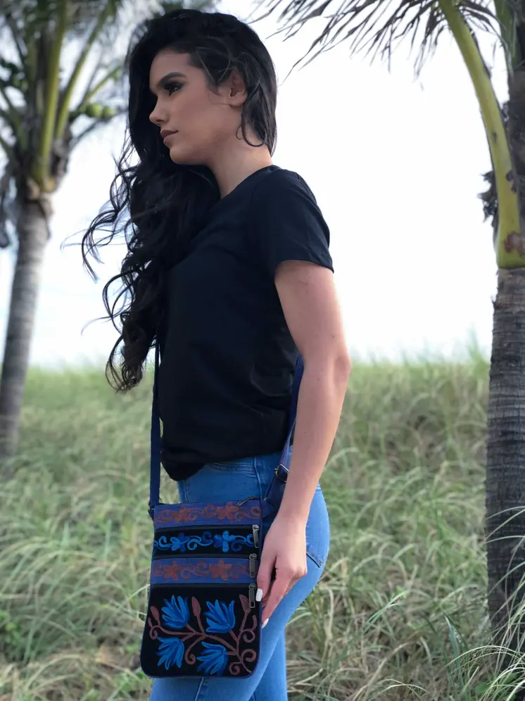 Blue And Black Suede Embroidered Cross-Body Bag
