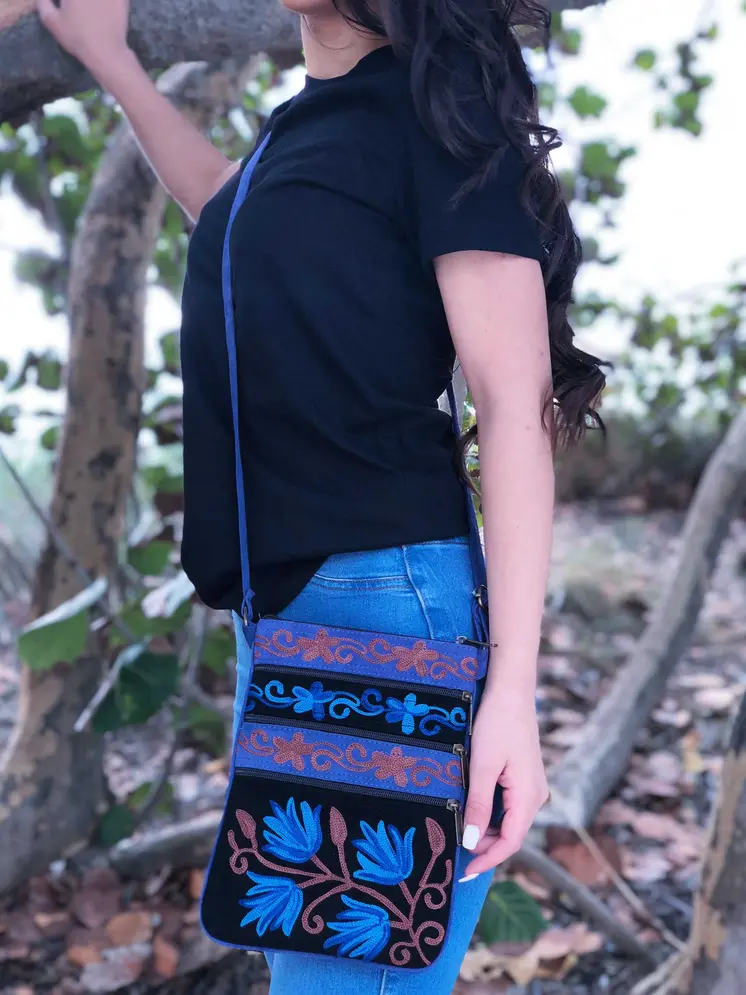 Blue And Black Suede Embroidered Cross-Body Bag
