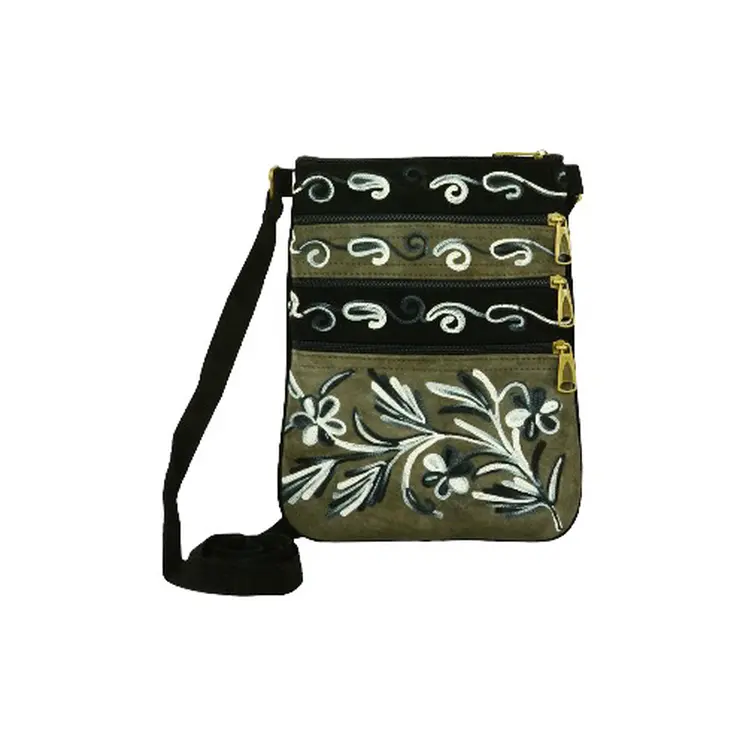 Suede Embroidered Dark Brown and Black Five Zipper Cross Body Bag