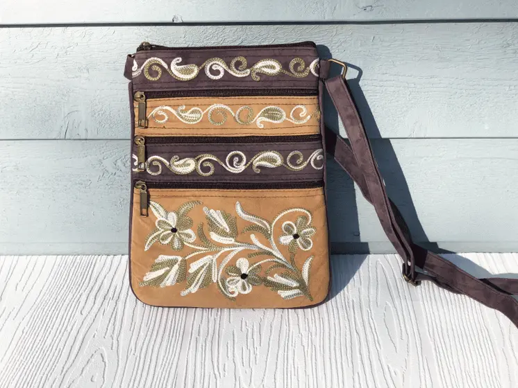 Suede Embroidered Five Zipper Cross-Body Bag