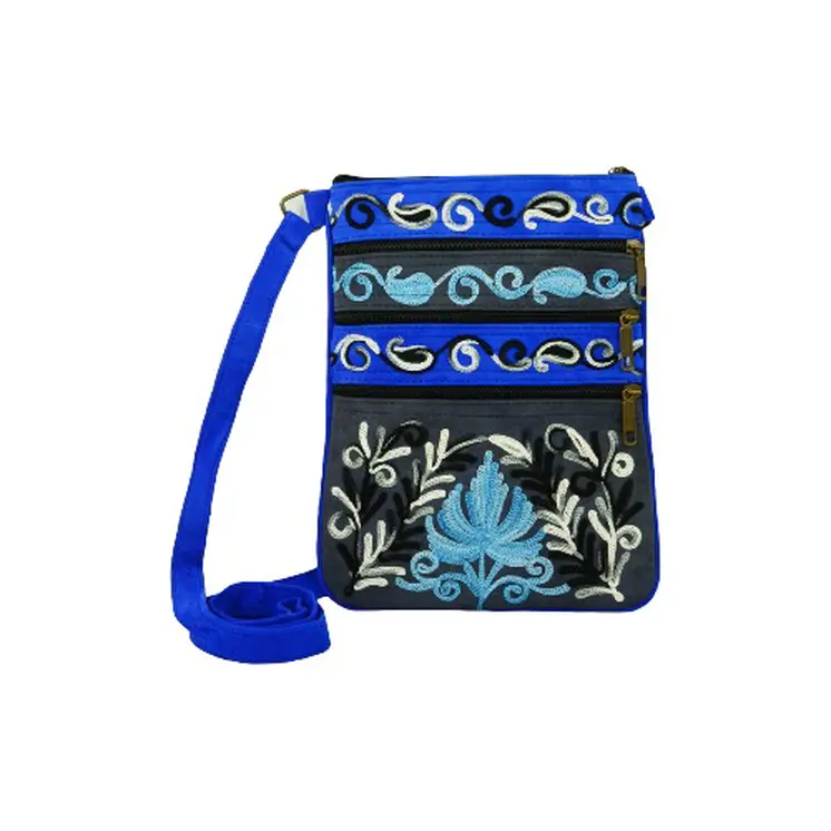 Suede Embroidered Five Zipper Cross-Body Bag