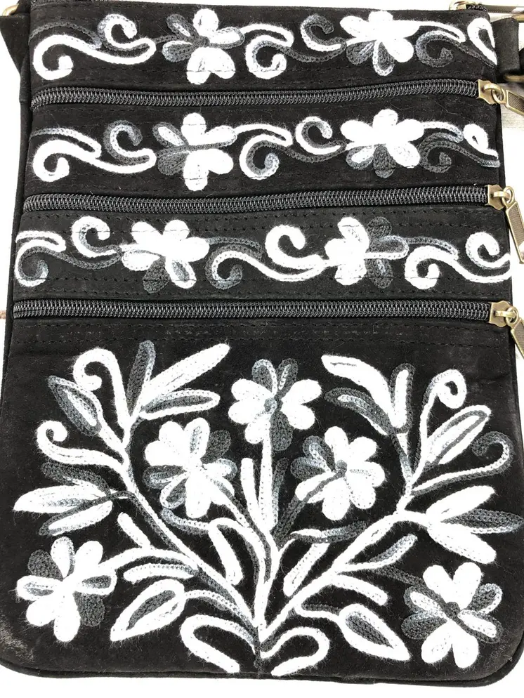 Suede Embroidered Grey and Black Five Zipper Crossbody Bag