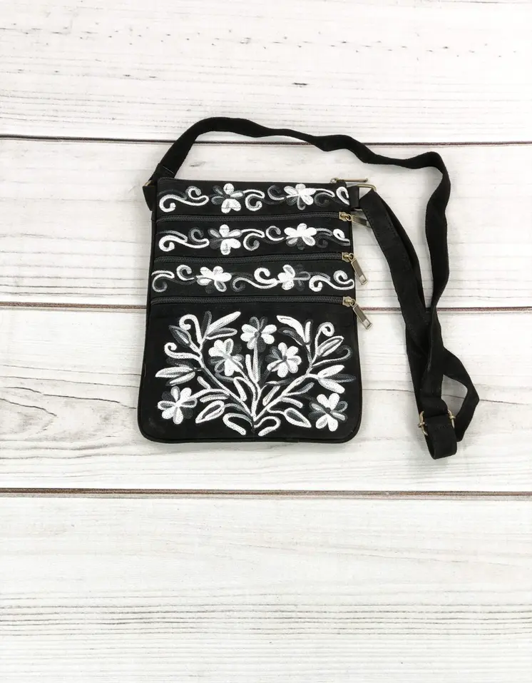 Suede Embroidered Grey and Black Five Zipper Crossbody Bag