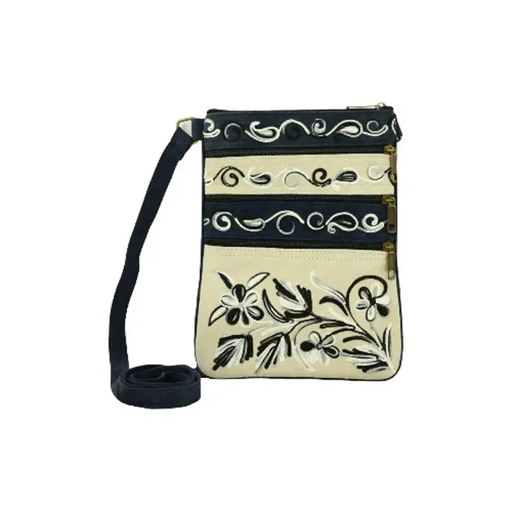 Suede Embroidered Grey and Navy Five Zipper Cross Body Bag