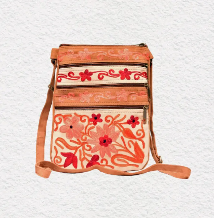Suede Embroidered Five Zipper Crossbody Bag