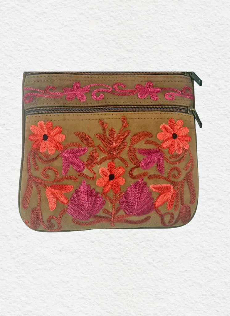 Suede Embroidered Five Zipper Cross-Body Bag
