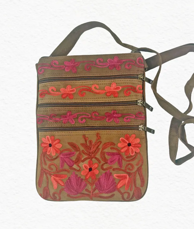 Suede Embroidered Five Zipper Cross-Body Bag