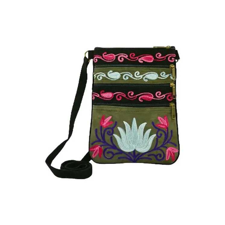 Suede Embroidered Grey and Blue Five Zipper Cross Body Bag