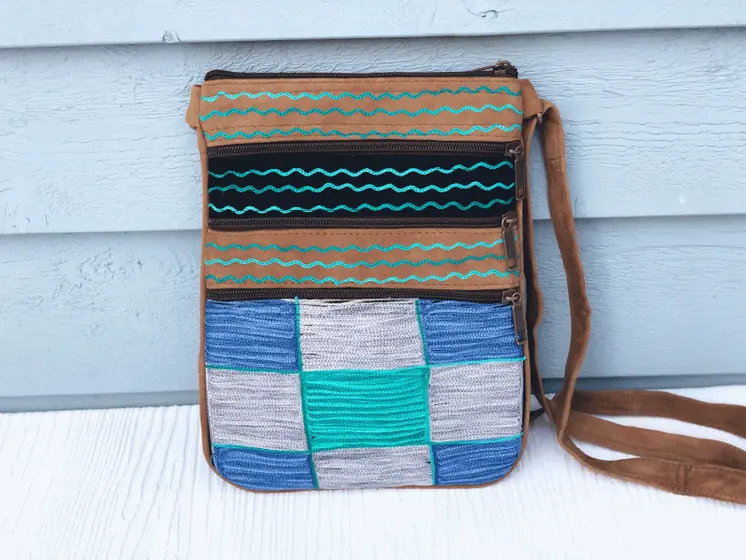 Handmade Blue and Green Suede Cross Body Bag