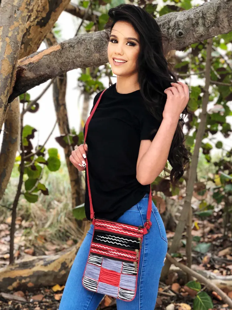 Red and Grey Suede Cross Body Bag