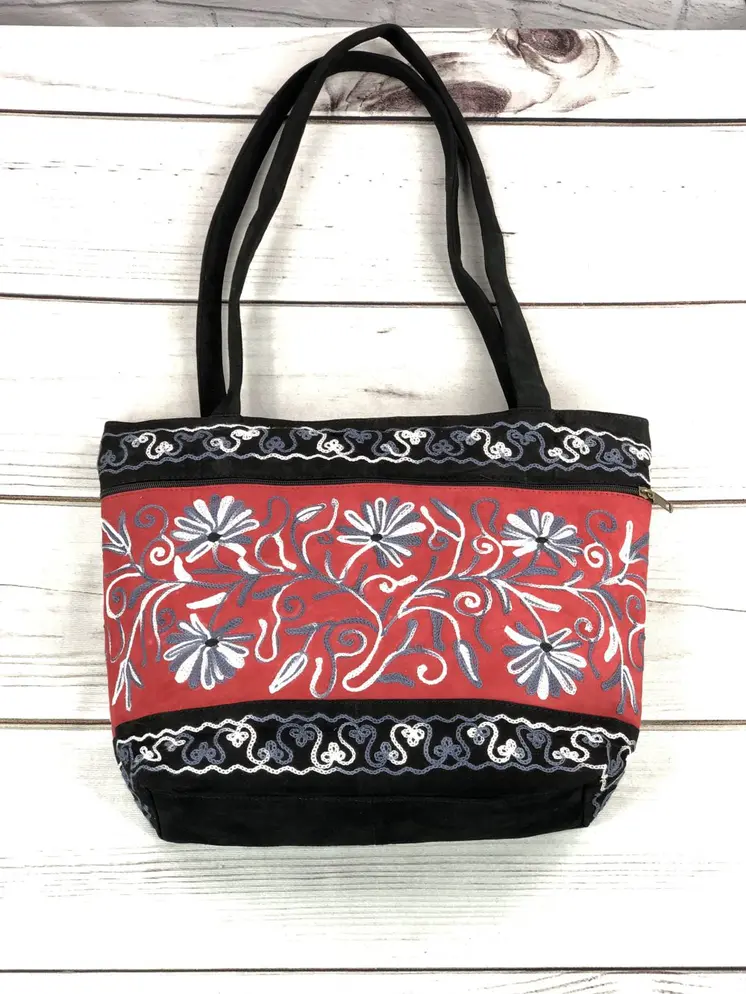 Handmade Red and Black Suede Embroidered Tote Bag