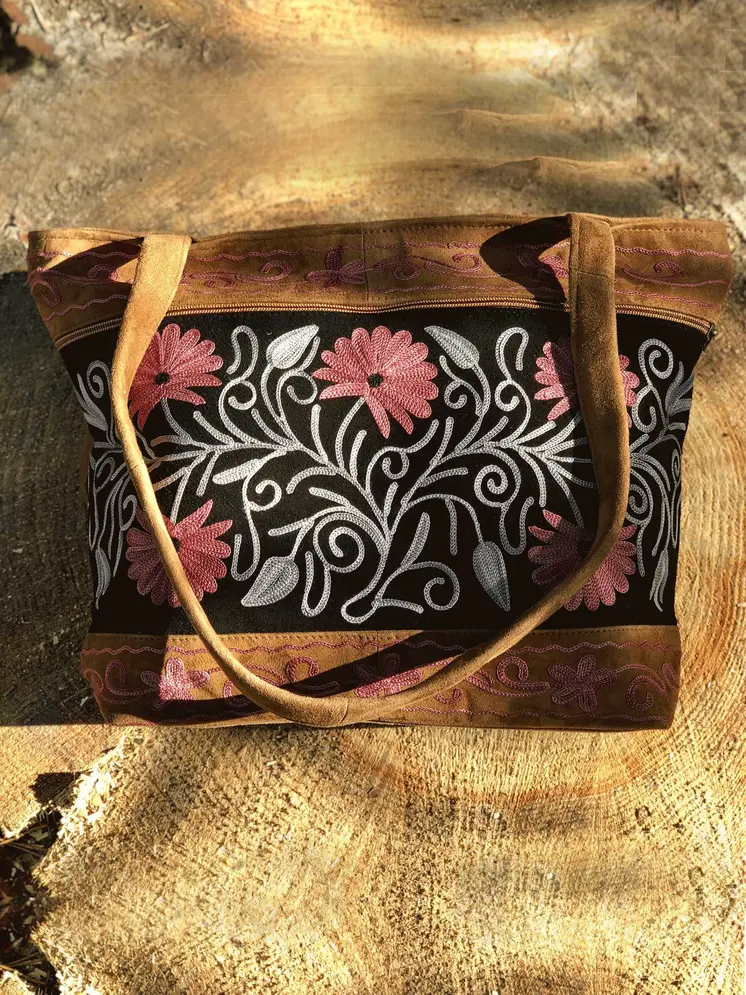 Handmade Black And Pink Suede Embroidered Tote Bag
