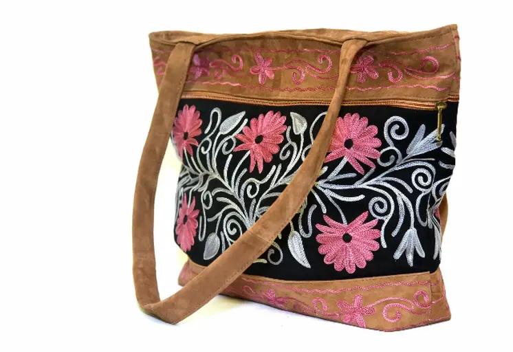 Handmade Black And Pink Suede Embroidered Tote Bag