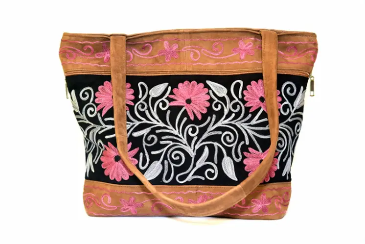 Handmade Black And Pink Suede Embroidered Tote Bag