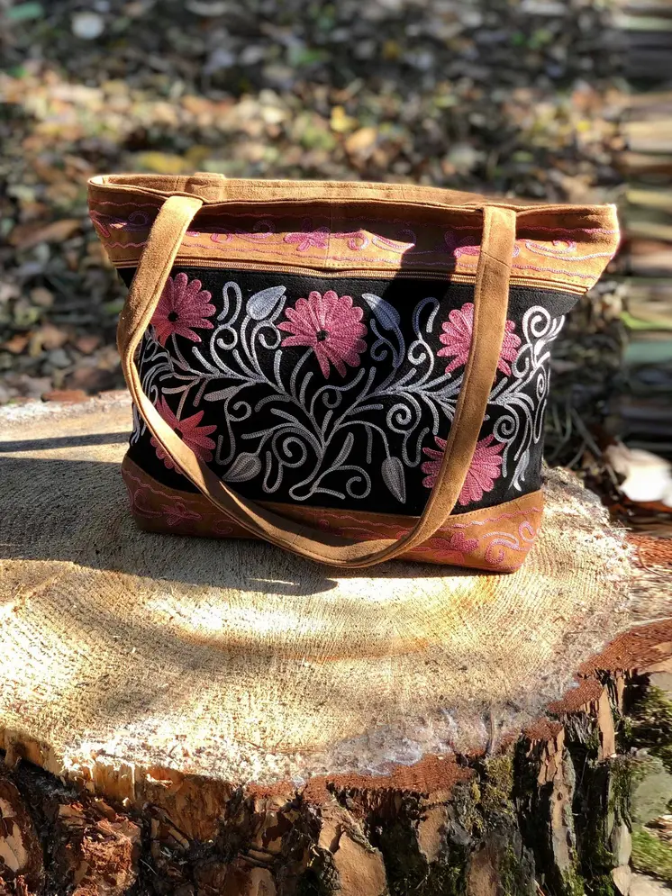 Handmade Black And Pink Suede Embroidered Tote Bag