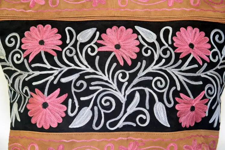 Handmade Black And Pink Suede Embroidered Tote Bag