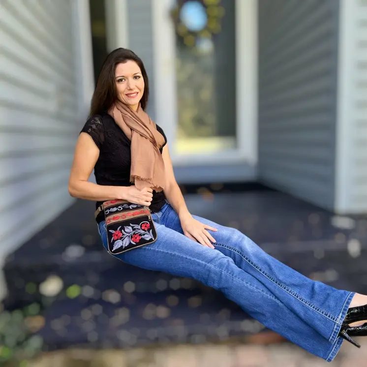 Black And Grey Suede Embroidered Cross-Body Bag