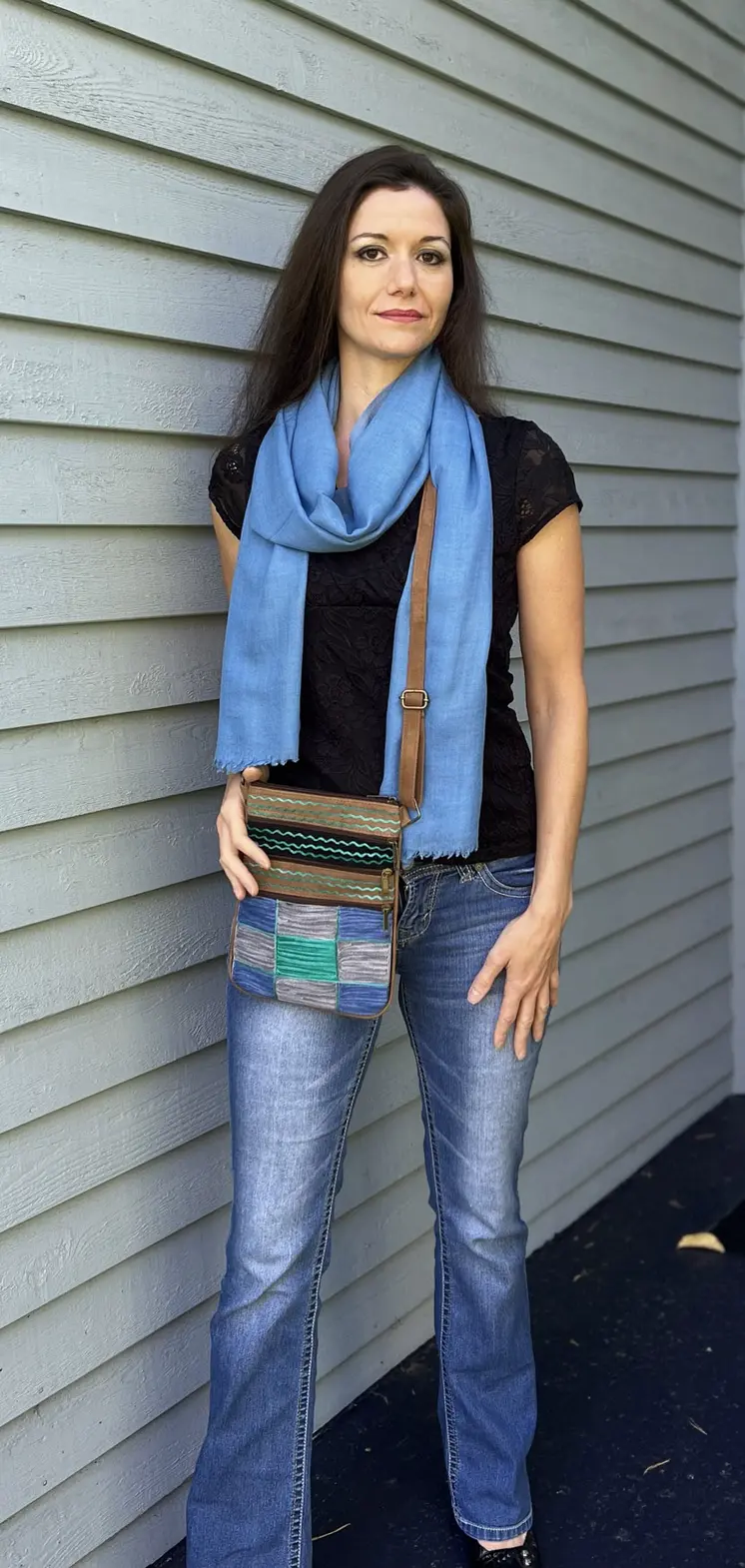 Handmade Blue and Green Suede Cross Body Bag
