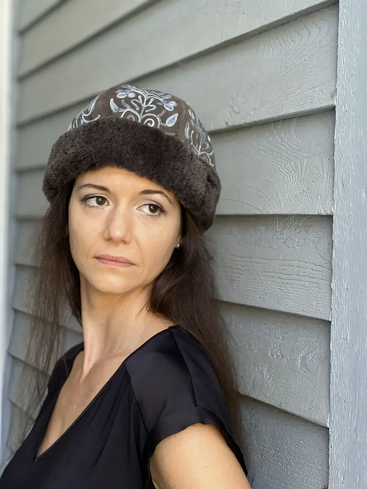 Handmade Suede Grey and Blue Embroidered Hat