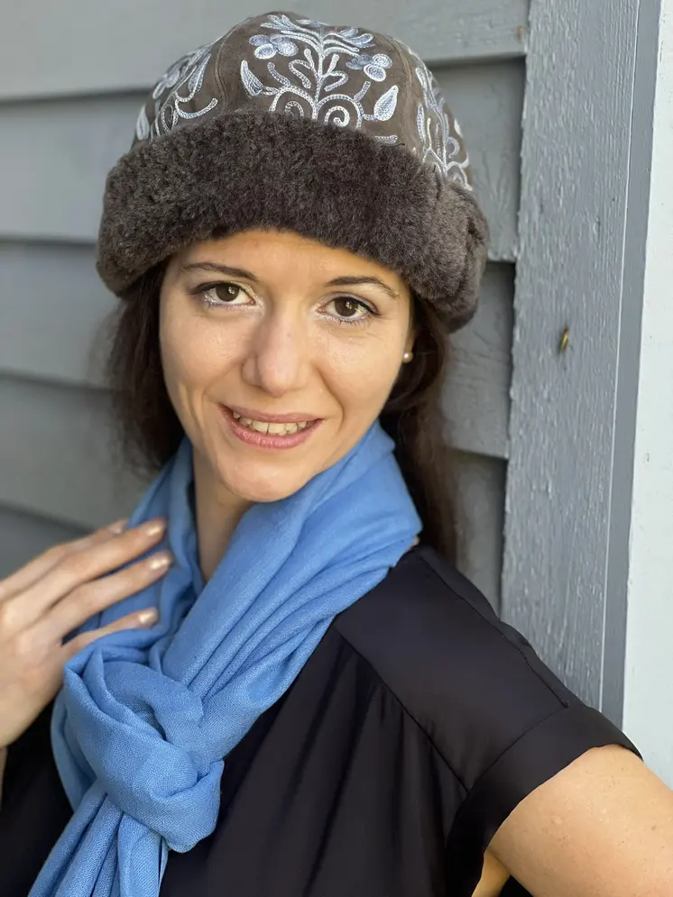 Handmade Suede Grey and Blue Embroidered Hat