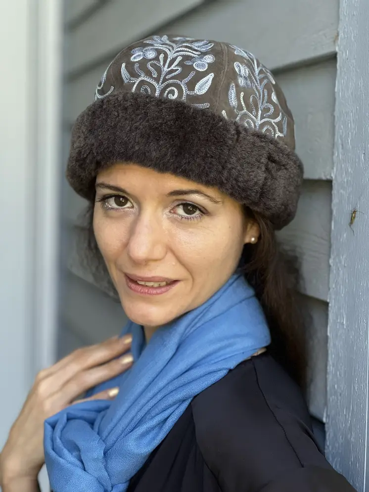 Handmade Suede Grey and Blue Embroidered Hat
