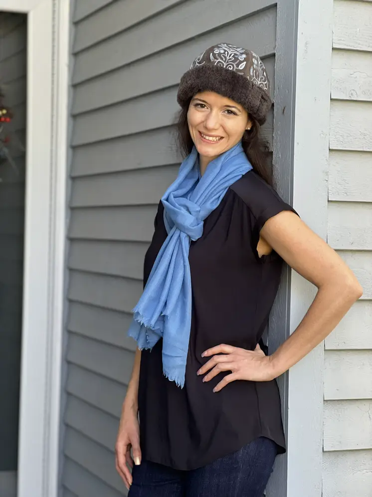 Handmade Suede Grey and Blue Embroidered Hat