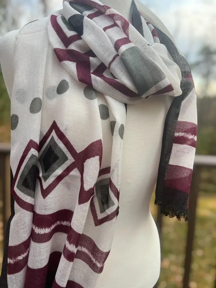 Burgundy and Gray Diamond Hand Painted Wool Print Scarf