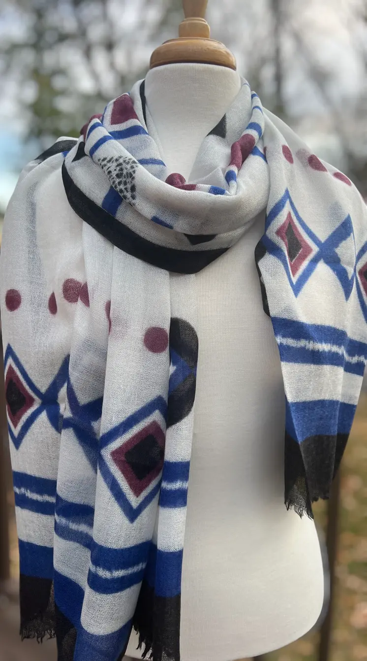 Blue Diamond Hand Painted Wool Print Scarf