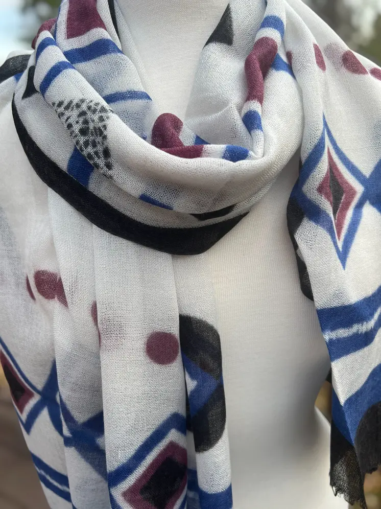 Blue Diamond Hand Painted Wool Print Scarf