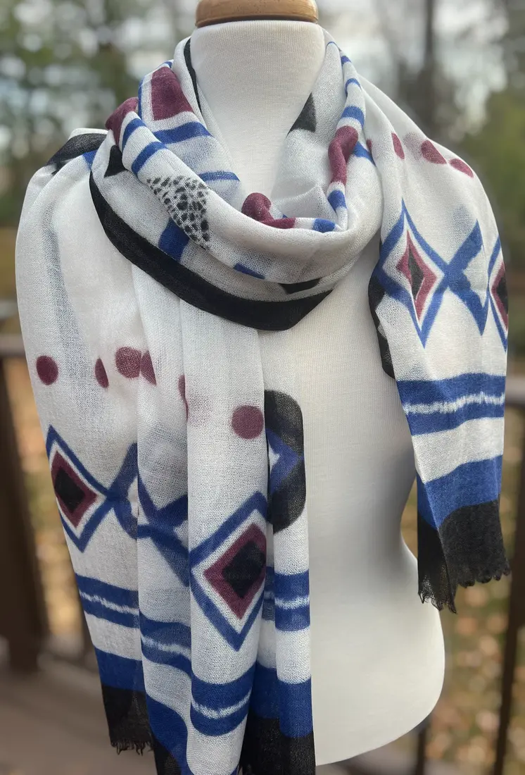 Blue Diamond Hand Painted Wool Print Scarf