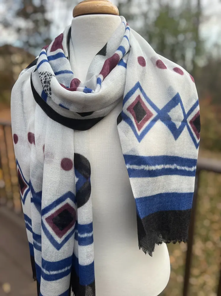 Blue Diamond Hand Painted Wool Print Scarf