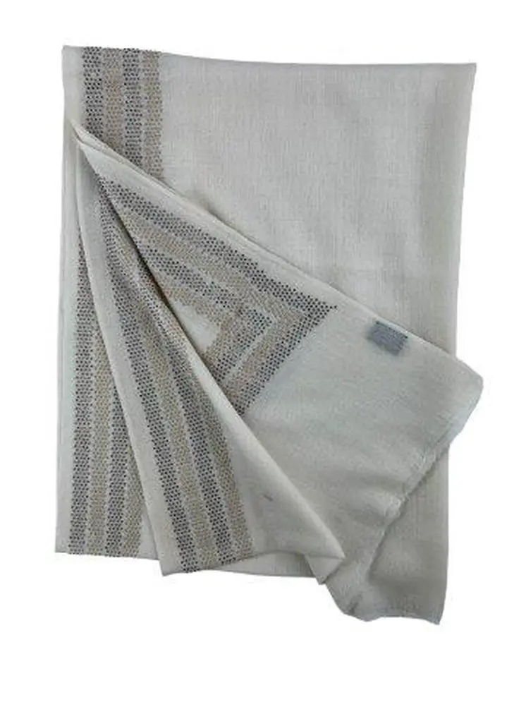 Beige and Ivory Beaded Wool and Silk Ombre Scarf / Wrap