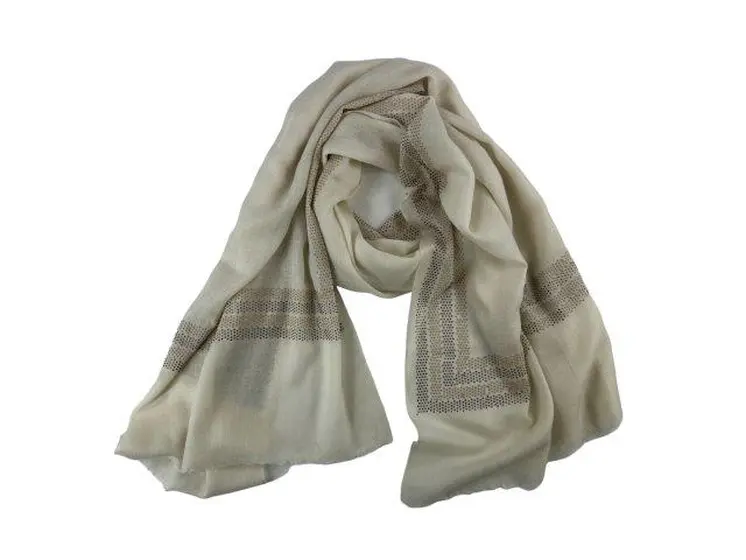 Beige and Ivory Beaded Wool and Silk Ombre Scarf / Wrap