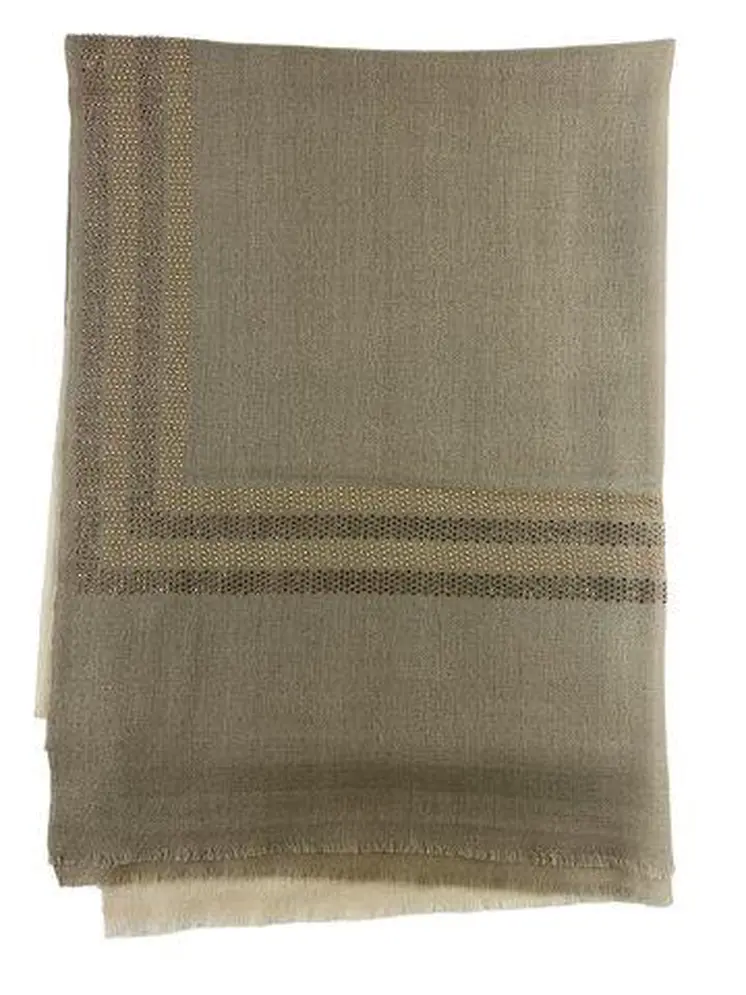 Beige and Ivory Beaded Wool and Silk Ombre Scarf / Wrap