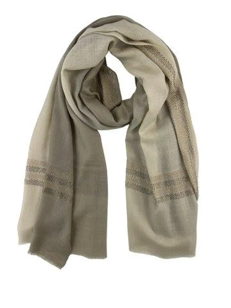 Beige and Ivory Beaded Wool and Silk Ombre Scarf / Wrap