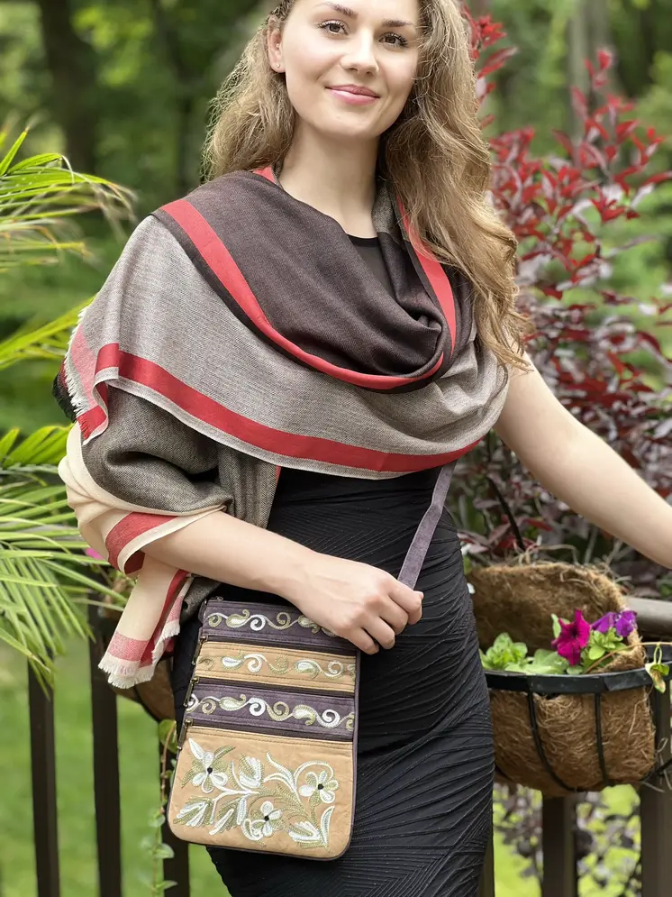 Brown Classic Plaid Herringbone Wool And Silk Scarf