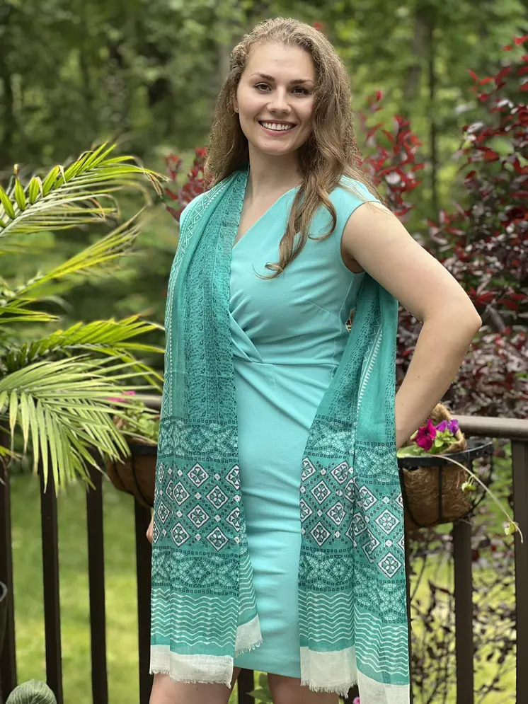 Green Hand Painted Wool And Silk Blend Scarf
