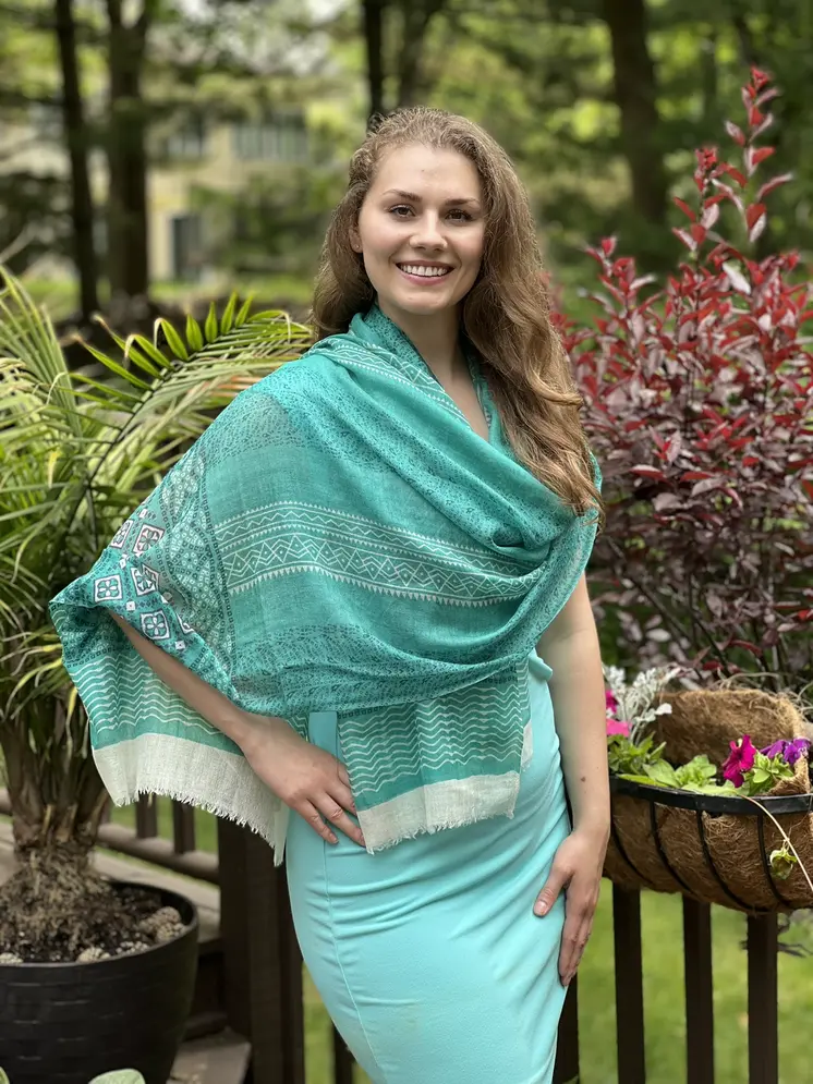 Green Hand Painted Wool And Silk Blend Scarf