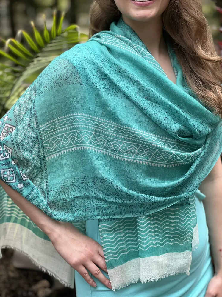 Green Hand Painted Wool And Silk Blend Scarf
