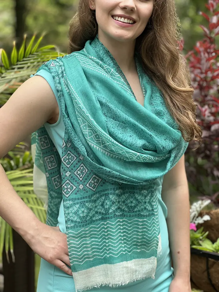 Green Hand Painted Wool And Silk Blend Scarf